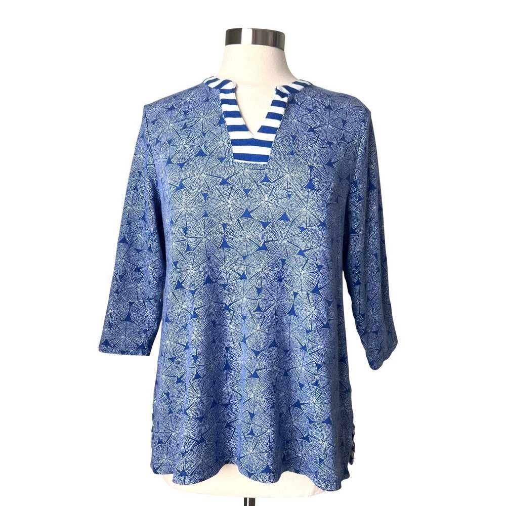 Talbots Womens Blue White Geometric Print 3/4 Sleeve Cotton Split Neck Top Large